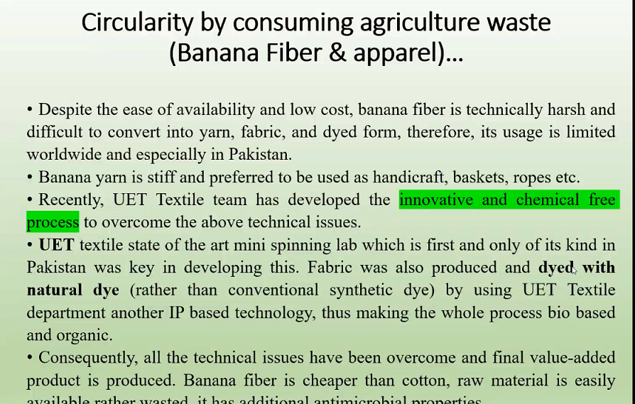 Texonomy1's tweet photo. Prof Moshin Malik @UETAlumniOffice @IEEEUETLahore circular concept in Pakistani context to address water and industrial waste. using Banana fiber a new raw material for the textile sector. @UPSIGN_Network @APTMAofficial @SmedaOfficial @luizacampos65 https://t.co/A9YOSUywHC