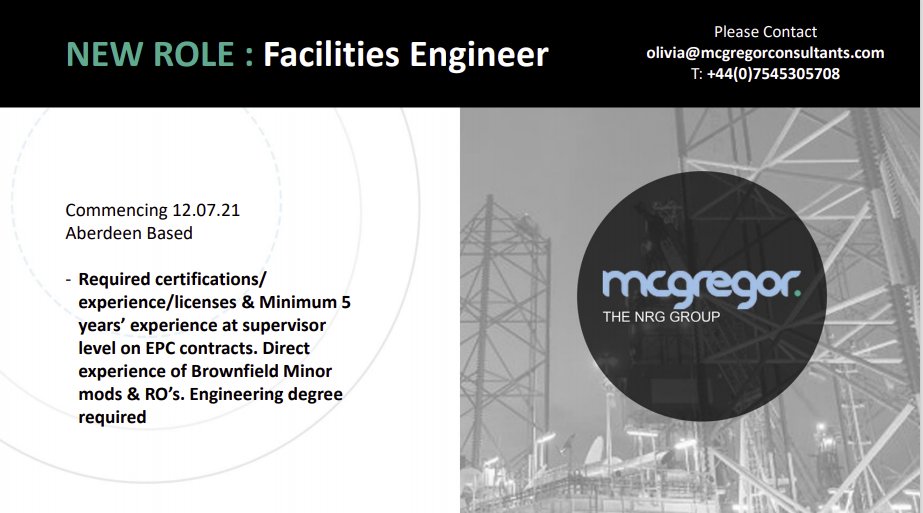 ** New Role **

McGregor's have had a requirement in for a Facilities Engineer with our client based in Aberdeen. For more information please contact olivia@mcgregorconsultants.com

Please get in touch with Olivia Payne if interested. #facilities #oilandgasjobs #aberdeenjobs