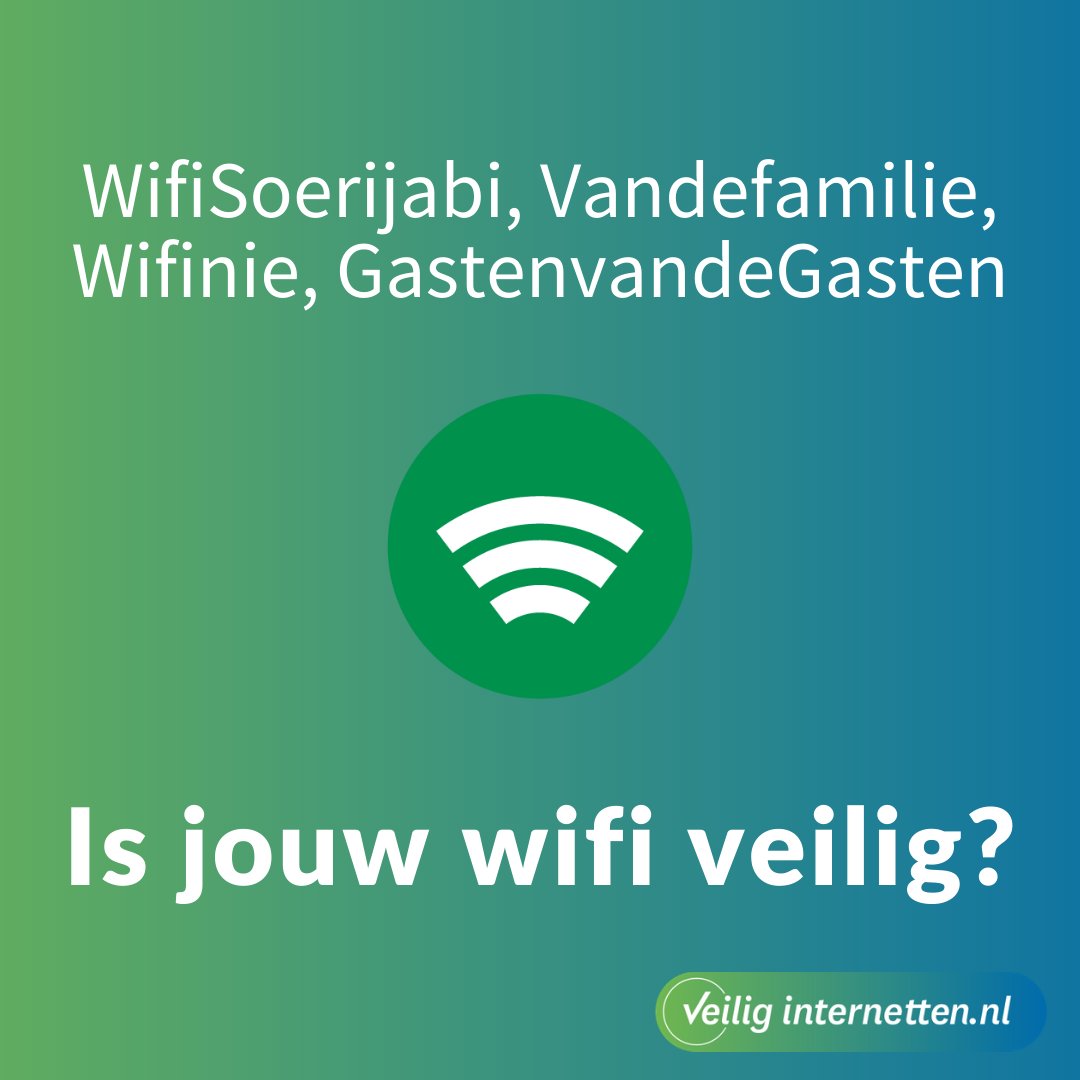 Hoe heet jouw Wifi- netwerk thuis? Maar belangrijker nog, hoe goed is het beveiligd?
veiliginternetten.nl/thuiswerken/#l…
#veiligthuiswerken #veiliginternetten #wifi