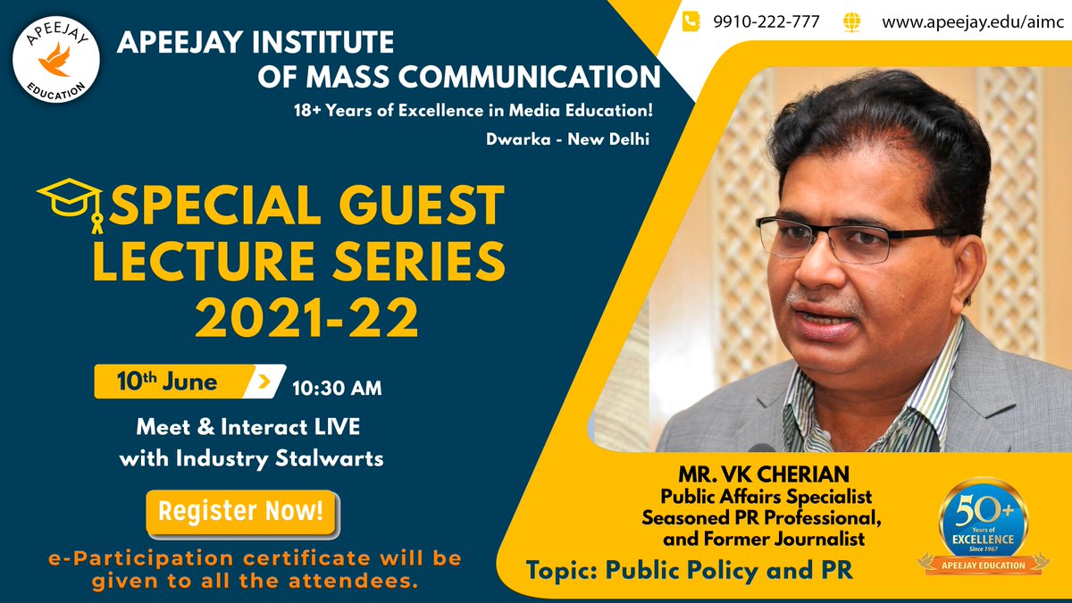Dear Student/Faculty, 

You are invited to a Zoom webinar. 
When: Jun 10, 2021, 10:30 AM 

Topic: Public Policy and PR by Mr. VK Cherian, Public Affairs Specialist, Seasoned PR Professional, and Former Journalist.

Register in advance for this webinar:
zoom.us/webinar/regist…