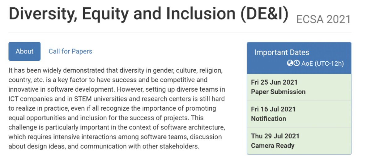 Discuss diversity, equity and inclusion in software architecture and engineering with us <a href="/ECSACONF/">ECSA 2024</a> 2021. The submission deadline is in roughly two weeks. #ecsa2021 

Call for Paper: conf.researchr.org/track/ecsa-202…