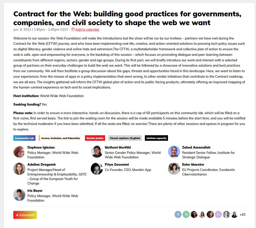 SrtaD's tweet photo. 📣📣Attention, attention @rightscon folks: happening today, at 13.45 CET, a @webfoundation community lab on best practices to shape the web we want! Meet me, @muthonie, @IrisBoyer88, @zahed, and get to know amazing work by @cibervoluntario, @ISDglobal, @GEYCRomania and @mumkinapp https://t.co/irL9joh2Ae