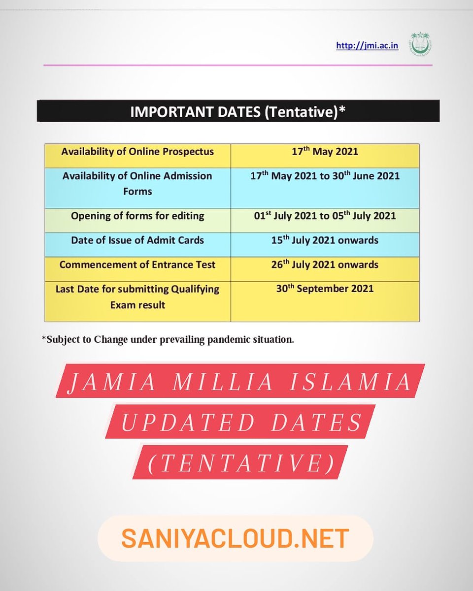Jamiya Millia Islamia Updated Dates #JMI
