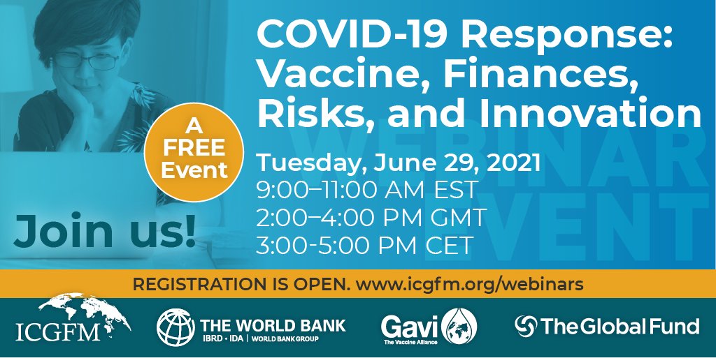 Save the date! Gavi’s @assietou_sylla and Pascal Bijleveld will be speaking at a webinar event jointly hosted by The @GlobalFund, @icgfm, @WorldBank and Gavi on June 29. Register to learn more about #COVID19 vaccines, innovation and the pandemic response: bit.ly/34UcpNN