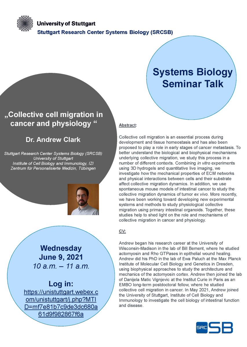 srcsb's tweet image. Talk of Dr. Andrew Clark #SRCSB, University of Stuttgart, postponed to June 09, 2021: „Collective cell migration in cancer and physiology“. The Seminar functions as a regular discussion &amp;amp; interaction forum and is open to all.