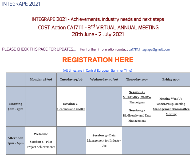 Grapediaportal's tweet photo. We are pleased to announce that Registration is now open (&amp; free of charge!) for the virtual attendance at the 3rd INTEGRAPE ANNUAL MEETING, 28th June to 2nd July 2021. Register now at https://t.co/IT4OuFQ7cY https://t.co/W6jmuGP77P