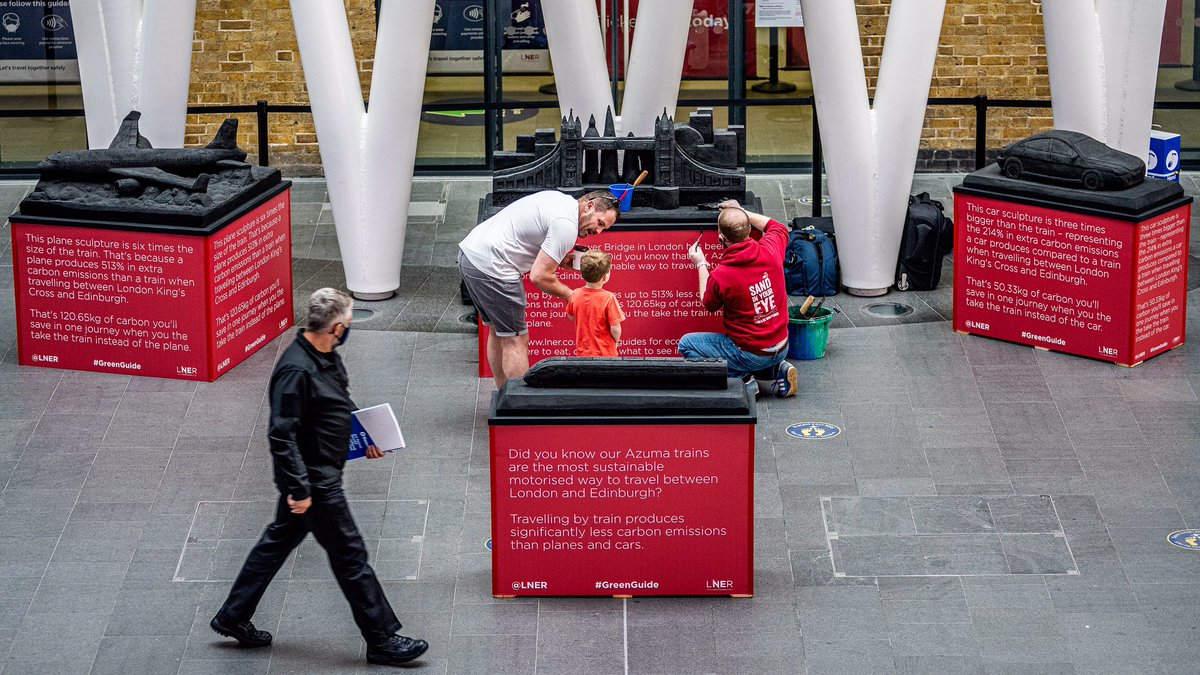 DavidHorne's tweet photo. What does our carbon footprint look like? To help, we’ve worked with Yorkshire-based artist @sandinyoureye to create a series of sculptures to show the relative carbon emissions when travelling by plane, car and train.

See them on display at London King’s Cross until Sunday! 1/2 https://t.co/yo47IFCkyz