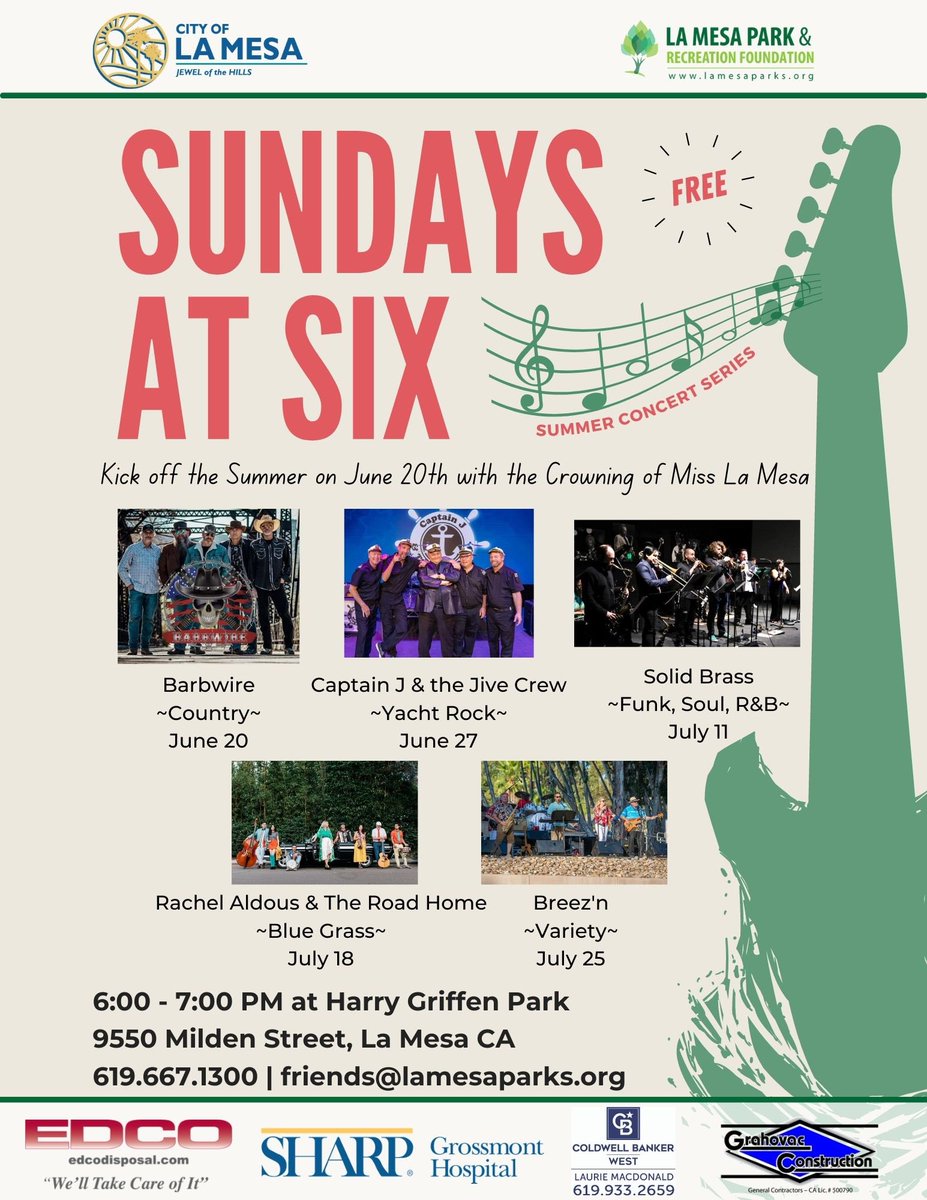 Sunday’s at Six Summer Concerts at Harry Griffen Park Amphitheater are back!

We will kick off the summer with the crowning of Miss La Mesa on June 20 prior to the opening concert. 

We look forward to celebrating safely with you this summer! lamesaparks.org