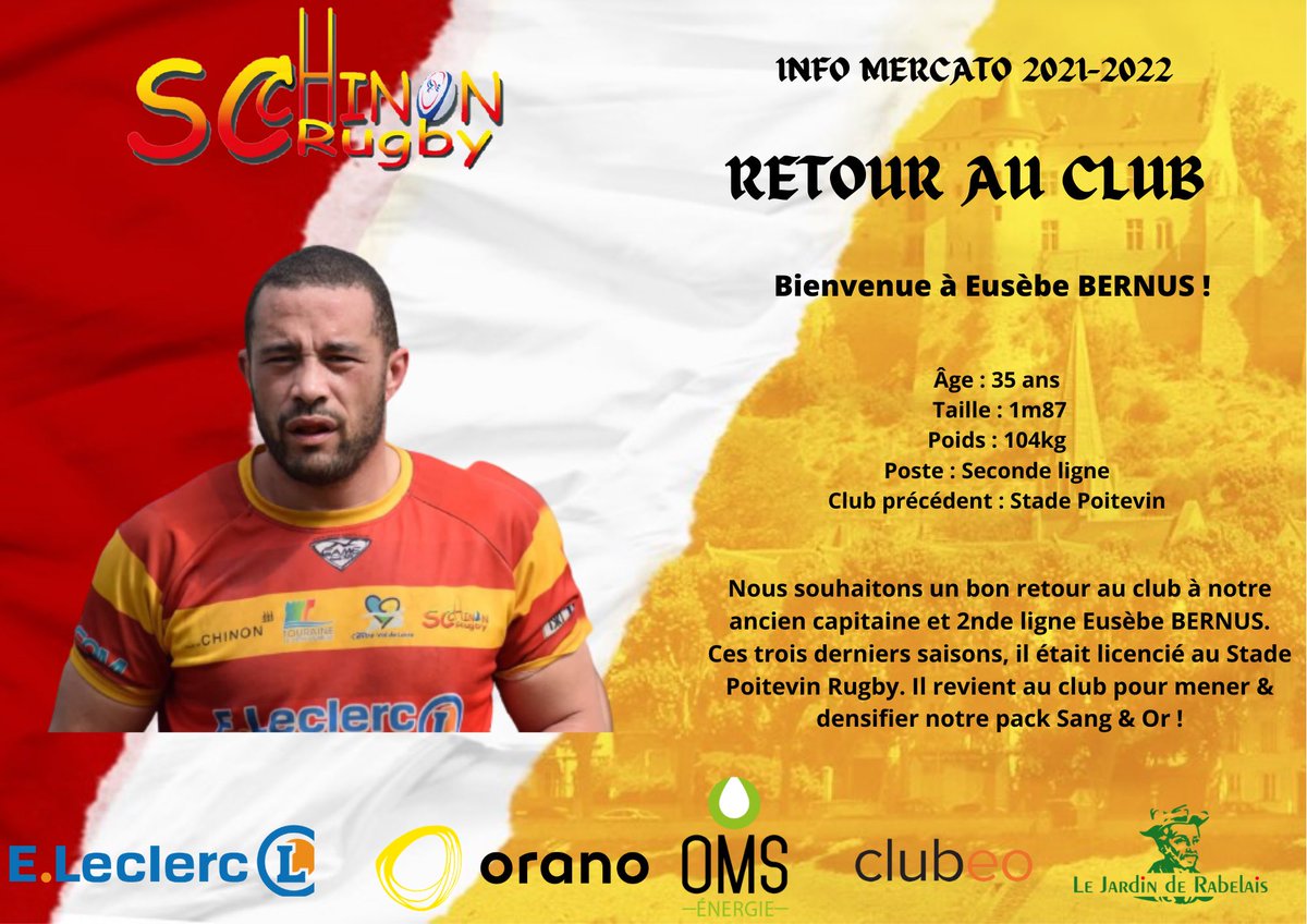 scchinon's tweet photo. [INFO MERCATO 2021/2022] 

🆕 Aujourd’hui, nous souhaitons la bienvenue à un joueur qui connaît bien Raymond Bourdon, puisqu’il s’agit d’Eusèbe BERNUS. Notre ancien capitaine Sang &amp; Or viendra renforcer le pack Sang &amp; Or pour la Saison 2021/2022 💪🏼

👀 Restez connectés... https://t.co/N8ky7qVXRq