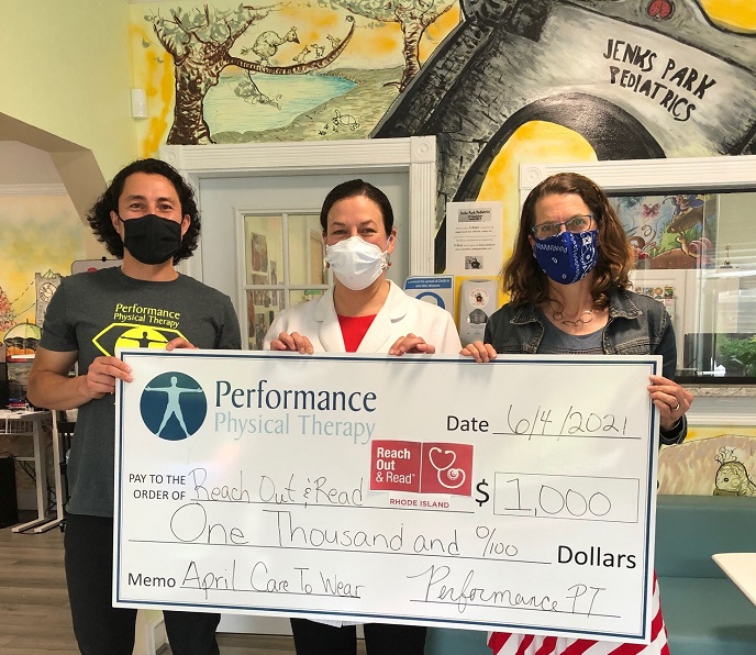 Thank you Performance Physical Therapy for supporting children's health &amp; development by designating donations from April's Care to Wear to Jenks Park Peds, Central Falls. This generous donation will provide a new book at every checkup, encouraging families to read together!