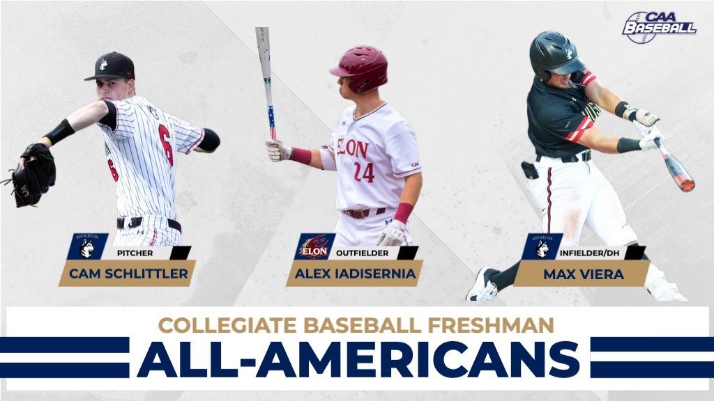 CAASports's tweet photo. 3️⃣ #CAASports baseball players receive Freshman All-America accolades 

@GoNUbaseball pitcher Cam Schlittler, @ElonBaseball outfielder Alex Iadisernia and Northeastern infielder/designated hitter Max Viera were recognized as Freshman All-Americans by Collegiate Baseball https://t.co/t4EhEc8dfu
