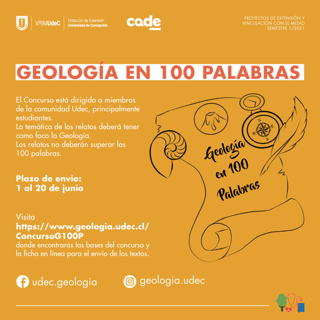 PinacotecaUdeC's tweet image. #ProyectosDeExtensión: Hasta el 20 de junio hay plazo para participar del concurso &quot;Geología en 100 palabras&quot;. ¿En qué consiste? Solo debes enviar un relato que no supere las 100 palabras y que tenga como temática principal la geología. 

Bases en geologia.udec.cl/ConcursoG100p.