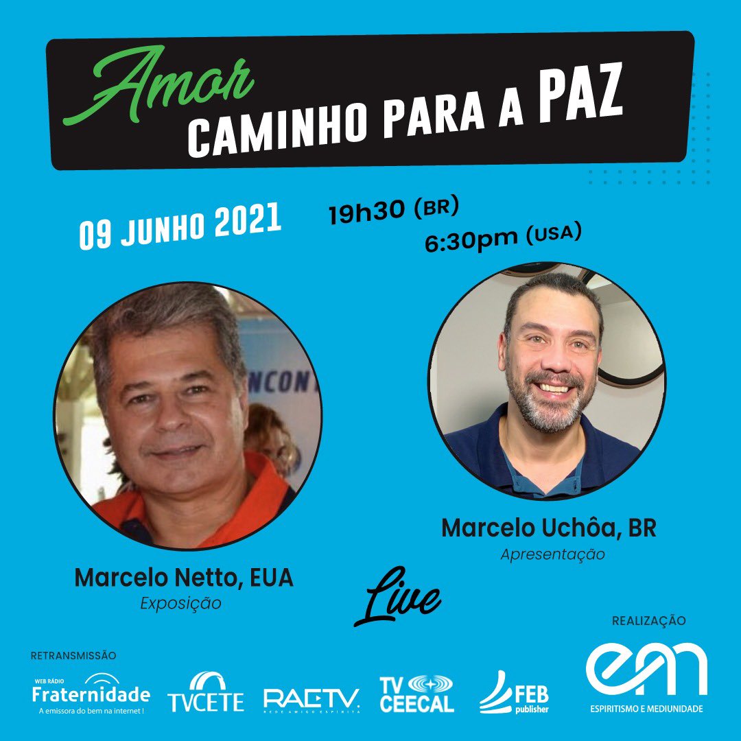 marcelosuchoa's tweet photo. Conversaremos hoje com Marcelo Netto, presidente da Federação Espírita da Florida, EUA sobre o empolgante tema “Amor, caminho para a Paz”. A live será interativa.
Estude conosco. Não perca! https://t.co/VsS98nS8iK https://t.co/kZacp5apYM