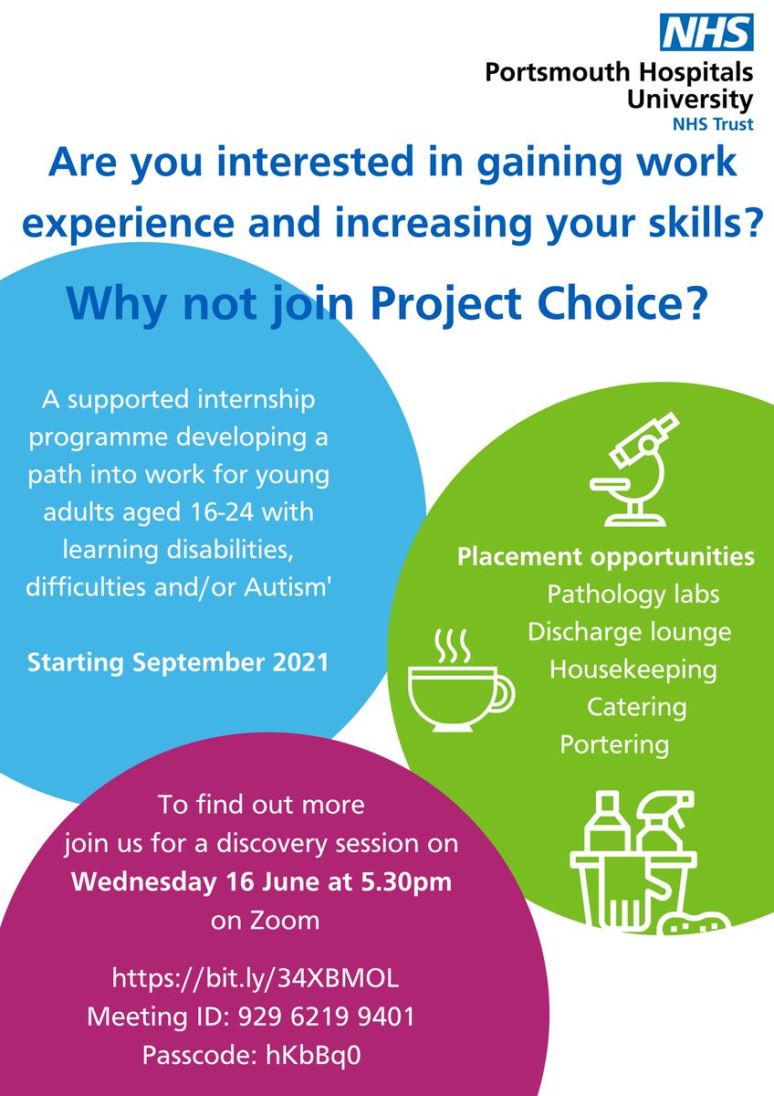 PHU_NHS's tweet image. PHU is offering a new opportunity for young adults aged 16 -24 with learning disabilities, difficulties and Autism via Project Choice. Students will gain invaluable work experience, life skills and independence. Join a virtual info session to learn more: bit.ly/3v5xakj