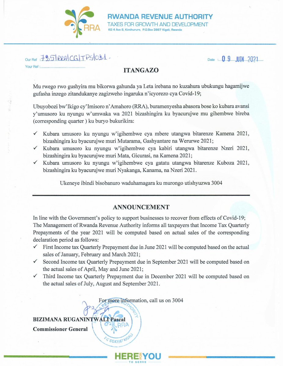 Amabwiriza yo kubara avansi y'umusoro ku nyungu mu bihembwe-2021
Official guidelines on 2021 Income Tax Quarterly Prepayment computation 👇👇👇