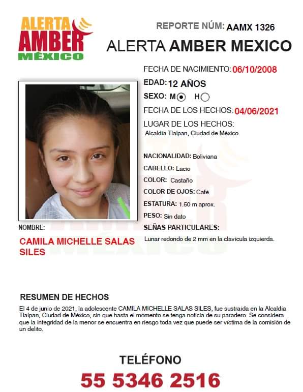 CEDHChiapas's tweet photo. #CEDHChiapas solicita su apoyo para localizar a Camila Michelle Salas Siles, cualquier información favor de llamar al  55 5346 2516 @AAMBER_mx https://t.co/aiyDBRLcqd