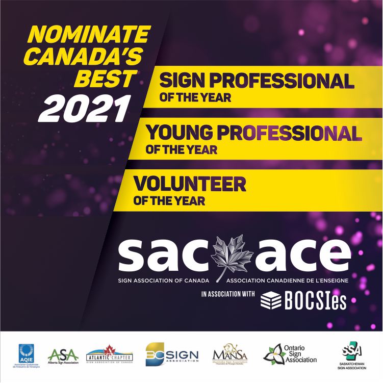 SACACE's tweet photo. Don't forget to nominate someone for a SAC award! Nominations are open now for the Young Professional, Volunteer, or Sign Professional of the year award. Visit our website: https://t.co/nu1ooe1FXV
#signs #signawards #BOCSIes2021 https://t.co/3i6AWHltmp
