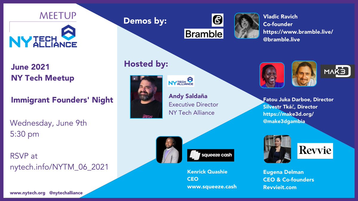 awadhiba's tweet photo. Please join us at 5:30 tonight at #NYTechMeetup featuring incredible #immigrant #founders! @make3dgambia @revvieit @SqueezeCash https://t.co/N4vFhGFcrE