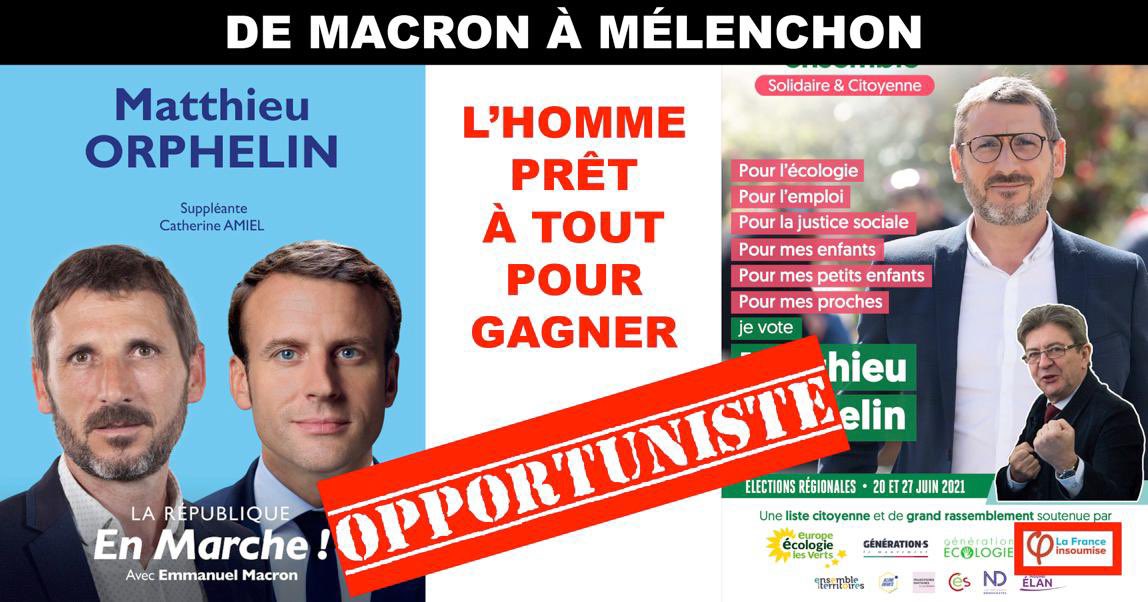.<a href="/M_Orphelin/">Matthieu ORPHELIN</a> fait campagne en fonction du vent, un jour avec #Macron, l’autre avec #Melenchon...

Passer de #EELV, à #LFI en passant par #EnMarche, il est le candidat de l’opportunisme et de l’hypocrisie. 

Prêt à tout pour lui et à rien pour vous ! #Regionales2021 #PDL
