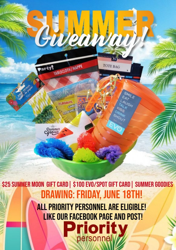 ppijobs's tweet image. Attention: ALL Priority Personnel Employees
😎☀️Summer is here, and so is our Summer Giveaway (value $150)! Drawing will be held Friday, June 18th! 
*Like our Facebook or Instagram page* 🏝