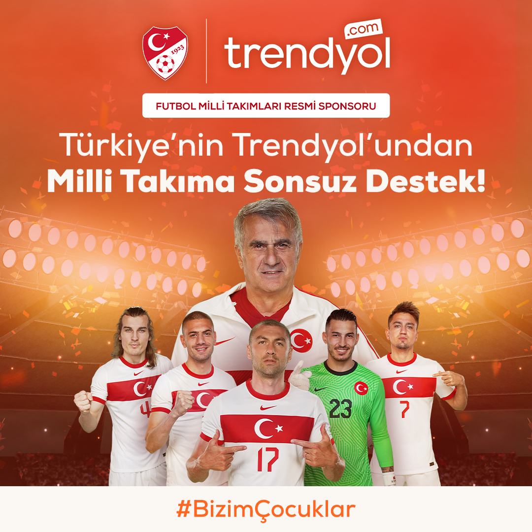 Trendyol's tweet photo. Türkiye'nin Trendyol'u olarak Futbol Milli Takımları Resmi Sponsoru olmanın gururunu yaşıyoruz. Sahaya yüreğini koyan millilerimizin ve ekranları başında onları destekleyen 83 milyonun heyecanını paylaşıyoruz! 🇹🇷 https://t.co/Fs9affxwxr