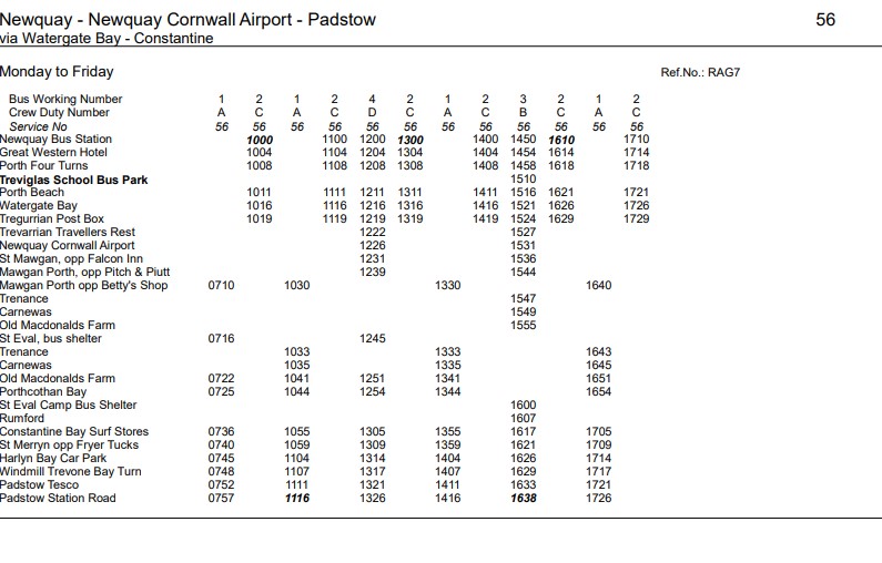 GoCornwallBuses's tweet photo. ..G7 pt3 Service #TFC56 will be operating a revised timetable Wednesday-Sunday when the roads around Newquay airport are closed. (see attached) Please see staff at Newquay Bus station if you require further information. We will be updating the App and Twitter with any disruption. https://t.co/4XIN6TZ8qx