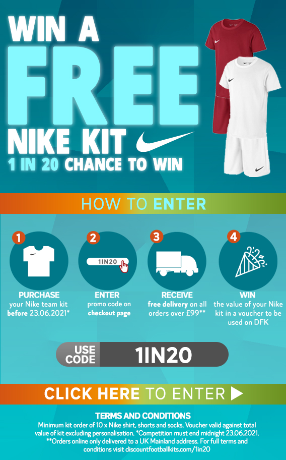 WIN A FREE NIKE KIT 👕 1 IN 20 CHANCE TO WIN 🎉

Read how to enter below. Terms and conditions apply.

🔗 discountfootballkits.com/1IN20