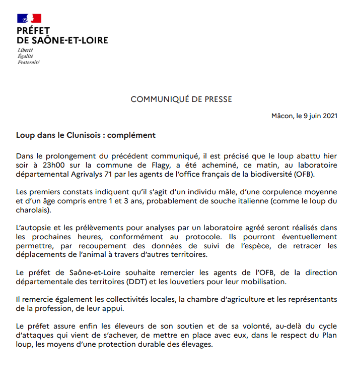 Dans le prolongement de notre précédente communication, retrouvez des informations complémentaires sur le loup du clunisois dans le communiqué de presse du 9 juin 2021 ⬇️