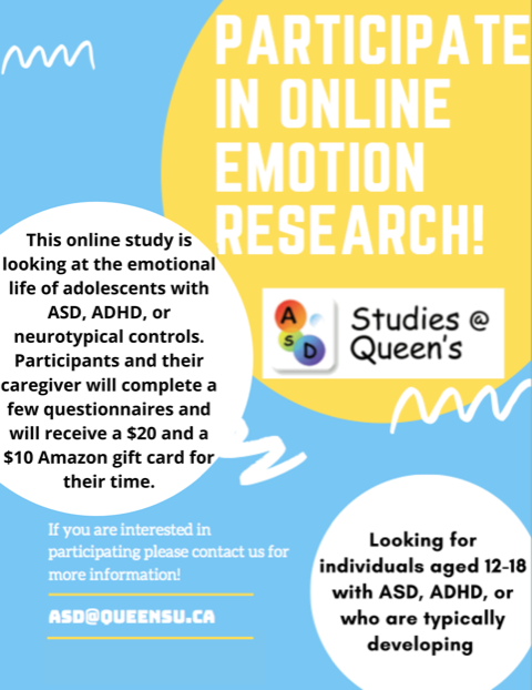ASERTuofc's tweet photo. New study from Queen's looking at emotions in children with autism, ADHD, and neurotypical children. Contact them if you are interested in participating! https://t.co/aWCCgF8xsi