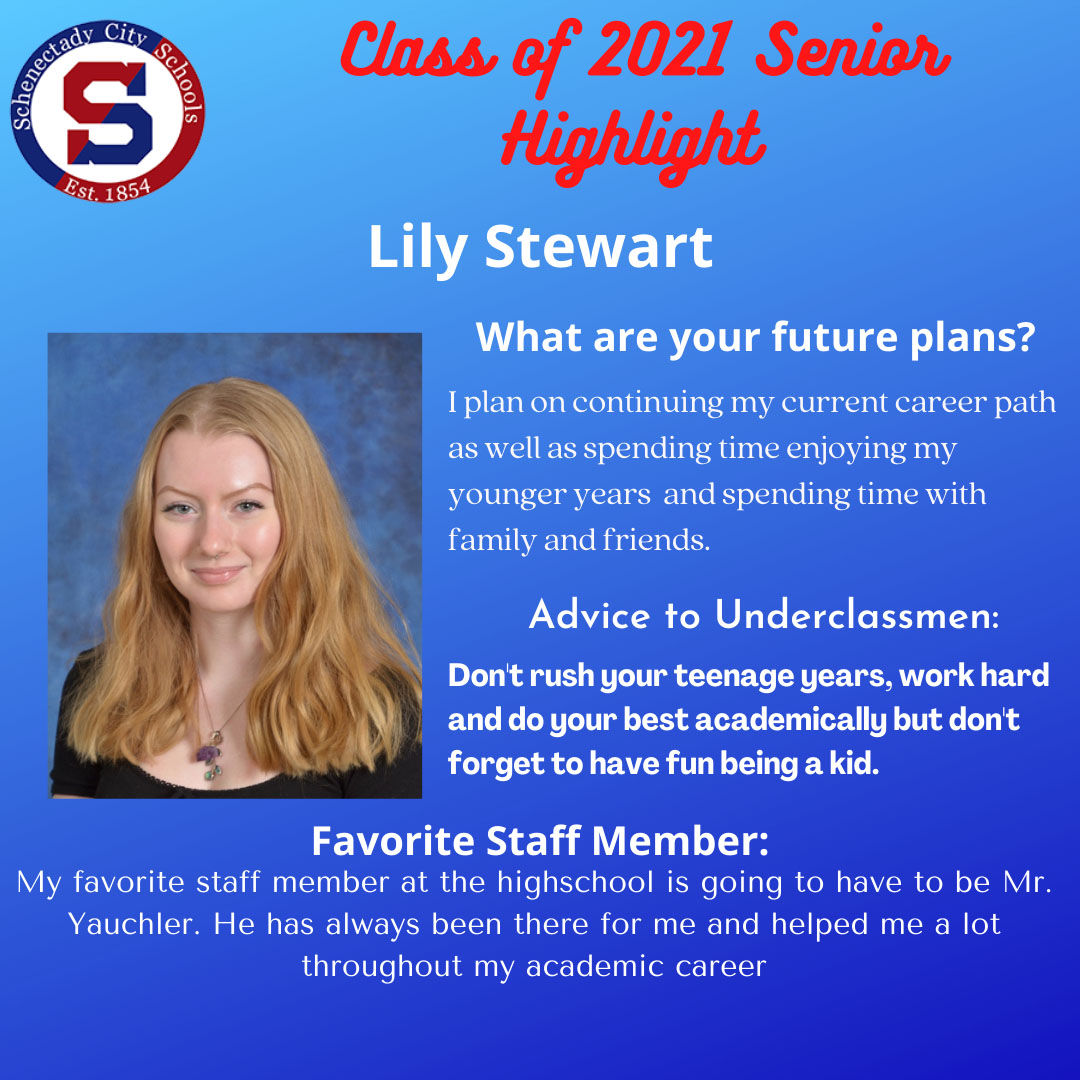 SCSchools's tweet image. Congratulations to Lily Stewart, our SHS Class of 2021 Senior profile this morning.  Lily&apos;s advice is good advice ... work hard, do your best but don&apos;t forget to have fun.  Enjoy being a teenager. 
Join us in wishing Lily best wishes.  #schenectadyvibes #shsclassof2021