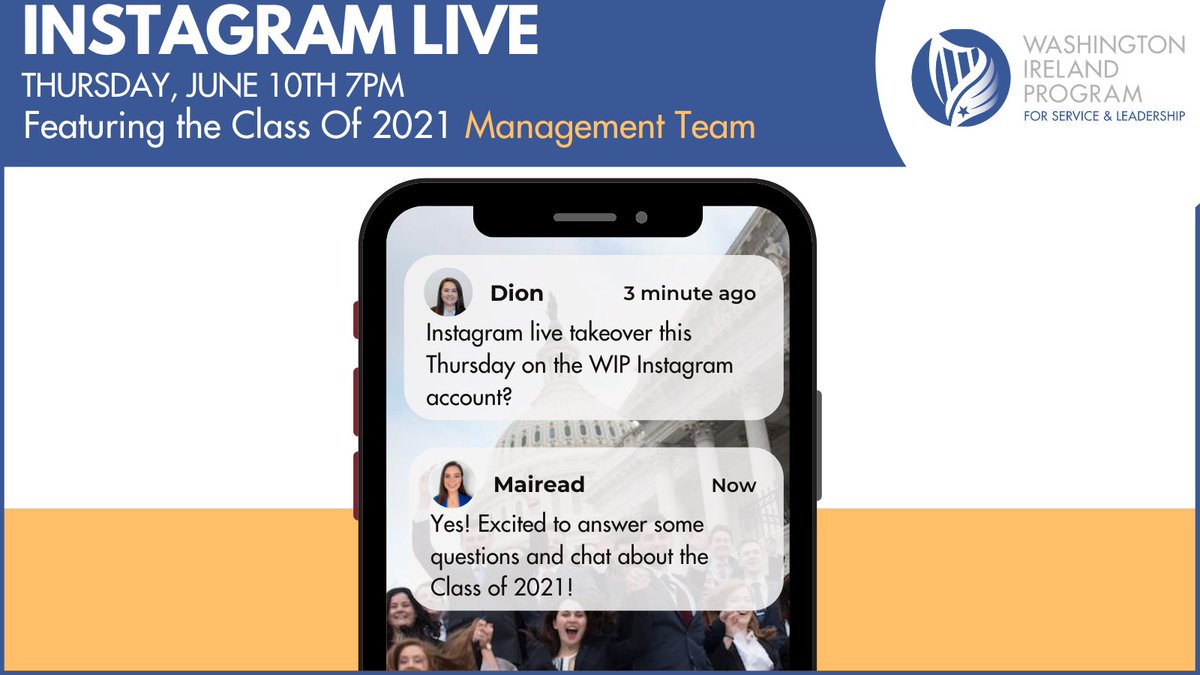Washington Ireland Program (@wiplive) on Twitter photo Join us tomorrow evening at 7pm for our first Instagram Live of the summer! We will be joined by 2021 Management team members <a href="/diondav4/">Dion Davis</a> and @maireadfallon
They will be discussing the Class of 2021, their roles, and what they are most looking forward to over the next eight weeks Join us tomorrow evening at 7pm for our first Instagram Live of the summer! We will be joined by 2021 Management team members <a href="/diondav4/">Dion Davis</a> and @maireadfallon
They will be discussing the Class of 2021, their roles, and what they are most looking forward to over the next eight weeks