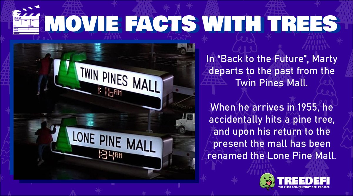treedefi's tweet photo. 🎥 Did You Know? 🌲

In the movie Back to the Future, there is a unnoticeable difference between these two separate scenes. 

From Twin Pines Mall, Marty going back in time changed it to Lone Pine Mall!

#BSC #Dapp #Cryptocurrencies #MovieWithTrees #PlantTrees https://t.co/C9mKBXCDTb