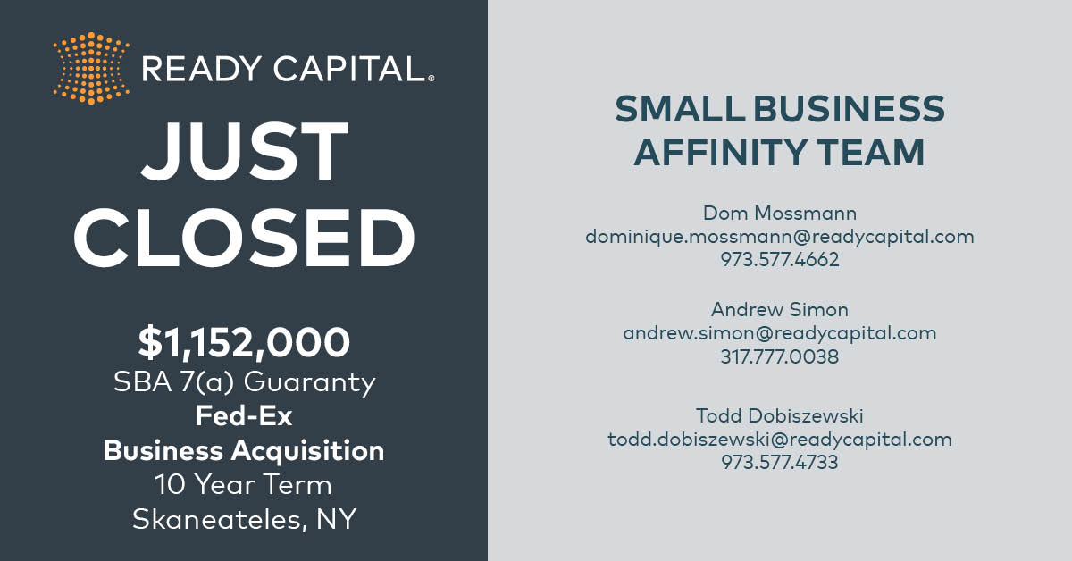 #ReadyCapital just closed by our Affinity Team bit.ly/3gnGMle #sba #sba7a #fedex #businessacquisition #SkaneatelesNY #CreativeSolutionsReliableResults
