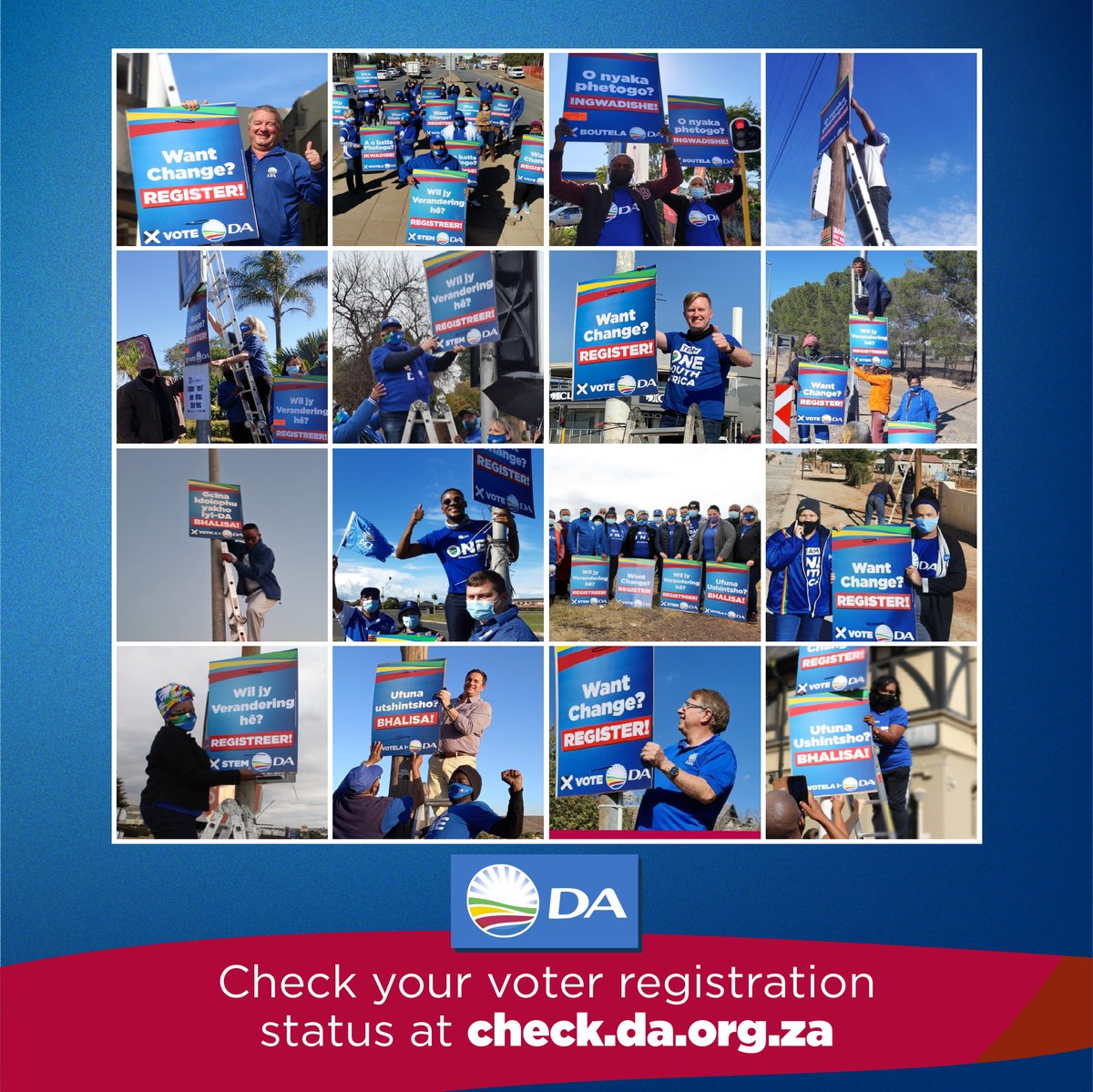 Our_DA's tweet photo. 🖼️| More theft or CHANGE? 

This year, you have an opportunity to end the era of state capture, blackouts, vibes and unemployment.

Today, DA activists and public reps across the country took to the streets putting up DA registration posters.

Choose change and #RegisterToVoteDA https://t.co/ZswfDyKA0m
