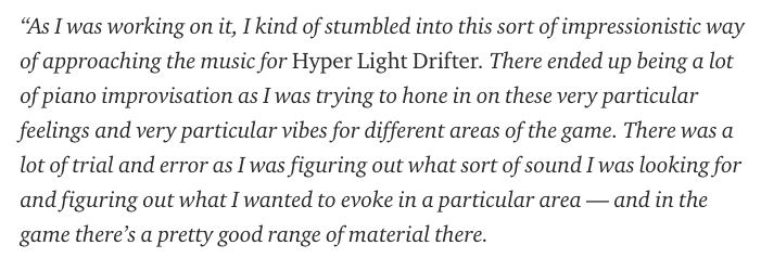 Looping around on #WaybackWednesday to an interview w/ <a href="/Disasterpeace/">Disterpæce</a> on composing for orchestra, games and more, incl. upcoming soundscapes for Solar Ash.
medium.com/subpixelfilms-…

(via <a href="/SubpixelTeam/">Subpixel Team</a>)
#HyperLightDrifter #SolarAsh #gamemusic #composing #gameaudio #upcomingreleases