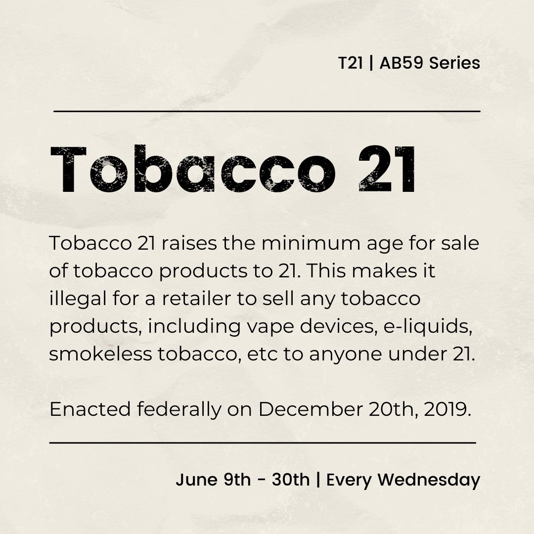 CCHealthEd's tweet photo. Tobacco 21 raises the minimum age for sale of tobacco products, making it illegal for a retailer to sell any tobacco products (cigarettes, hookah tobacco, cigars, pipe tobacco, electronic nicotine delivery systems) to anyone under 21.
.
.
.
#T21 #AB59 #Nevadapolicy #modelpolicy https://t.co/NHOoYlS314