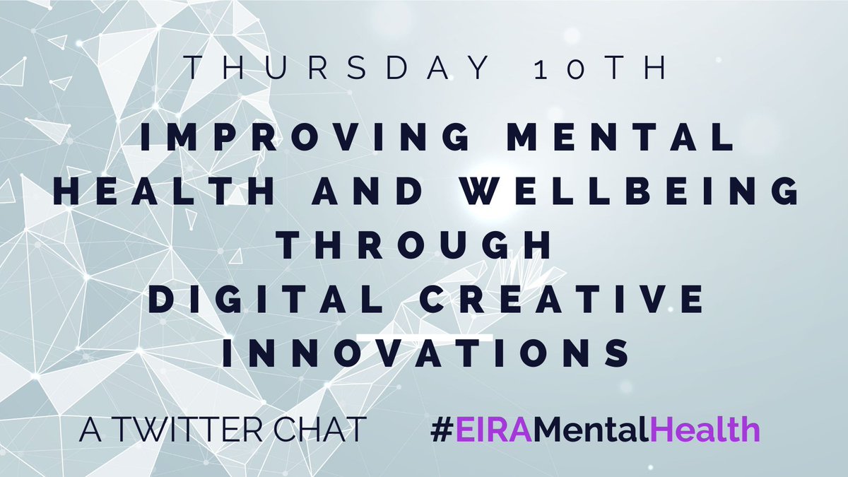 adamrsc's tweet photo. Starting soon, the 3rd #EIRA #DigitalCreative event. Covering technology solutions for improving #HealthandWellbeing #mentalhealth #Wellbeing #Wellbeingtech #MentalHealthTech #VR, #AR, #AI #HBAHTech #DigitalHealth
A Twitter chat with Hashtag: #EIRAMentalHealth https://t.co/F0X3o77MLo