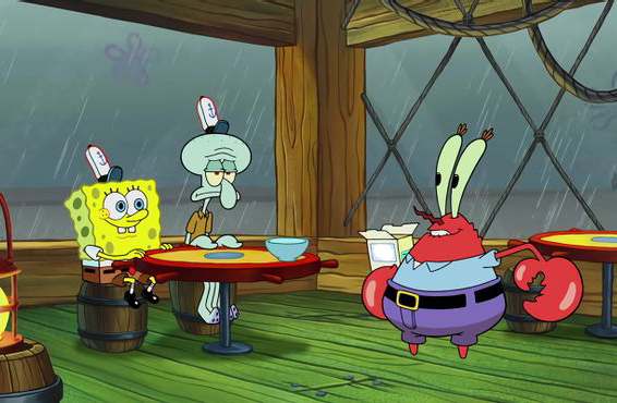 spongebob squidward seating as mr krabs talks to them