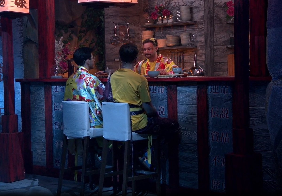 a screenshot from the we play animajor of the three casters sitting in the same positions as spongebob, squidward and mr krabs in the previous photo