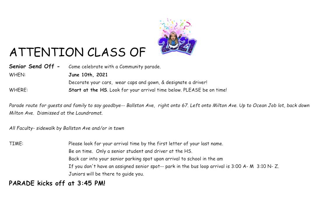Senior Send Off Parade - June 10th - 3:45pm

It’s time to celebrate in Ballston Spa. The community is invited to watch along Milton Ave and join in wishing our <a href="/BSPAclassof2021/">BSPA Class of 2021</a> the best as they celebrate with a parade through the Village. 

#BSCSD <a href="/BSPAHS/">BSPAHS</a> <a href="/BSBPA/">BSBPA</a> <a href="/12866Buzz/">SaratogaBuzz</a>