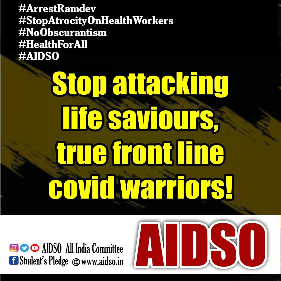 #ArrestRamdev
#StopAtrocityOnHealthWorkers
#NoObscurantism
#HealthForAll
 #AIDSO

Verbal attacks of Baba Ramdev manifested into physical attacks on doctors!

<a href="/PMOIndia/">PMO India</a> <a href="/MoHFW_INDIA/">Ministry of Health</a> <a href="/HMOIndia/">गृहमंत्री कार्यालय, HMO India</a> <a href="/narendramodi/">Narendra Modi</a> <a href="/PTI_News/">Press Trust of India</a> <a href="/ANI/">ANI</a> <a href="/ndtvindia/">NDTV India</a> <a href="/ABPNews/">ABP News</a> <a href="/TOIIndiaNews/">TOI India</a> <a href="/AIDSO_AIC/">AIDSO All India Committee</a>