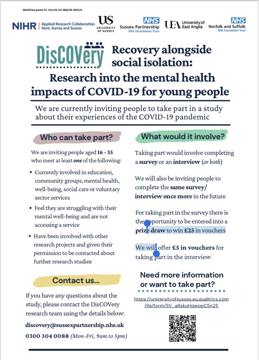 We’re in the last month of this study, looking for young people to share their views on the impact of covid on #mentalhealth #bepartofresearch @HastingsiRock <a href="/HANTS_CAMHS/">Hampshire CAMHS</a> <a href="/WestSussexMind/">West Sussex Mind</a> @NewhaveniRock @EastbourneiRock <a href="/Kathy_Sussex/">Kathy Greenwood</a> <a href="/MindBrighton/">Mind Brighton & Hove</a> <a href="/NorthKentMind/">North Kent Mind</a> <a href="/NHSBrightonHove/">NHS Brighton and Hove CCG</a>