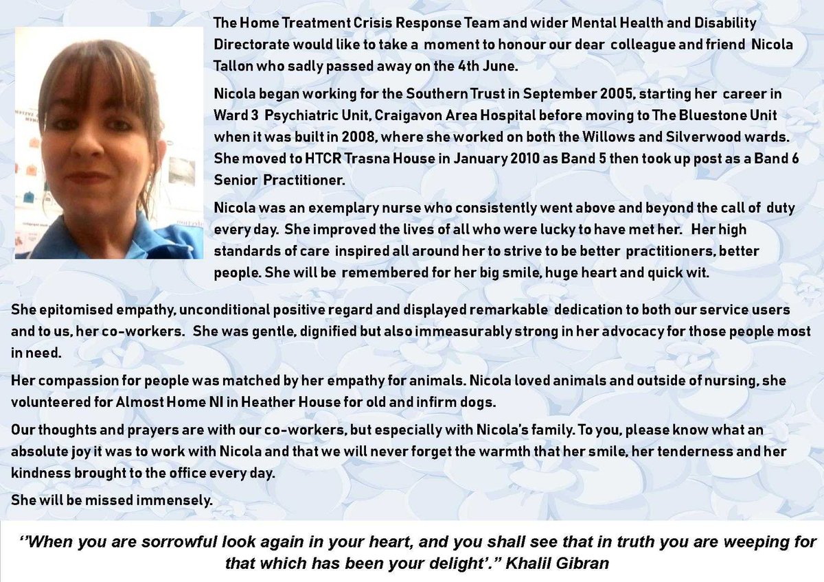 SouthernHSCT's tweet image. Our Home Treatment Crisis Response Team would like to share this tribute in memory of their dear friend and colleague Nicola Tallon.