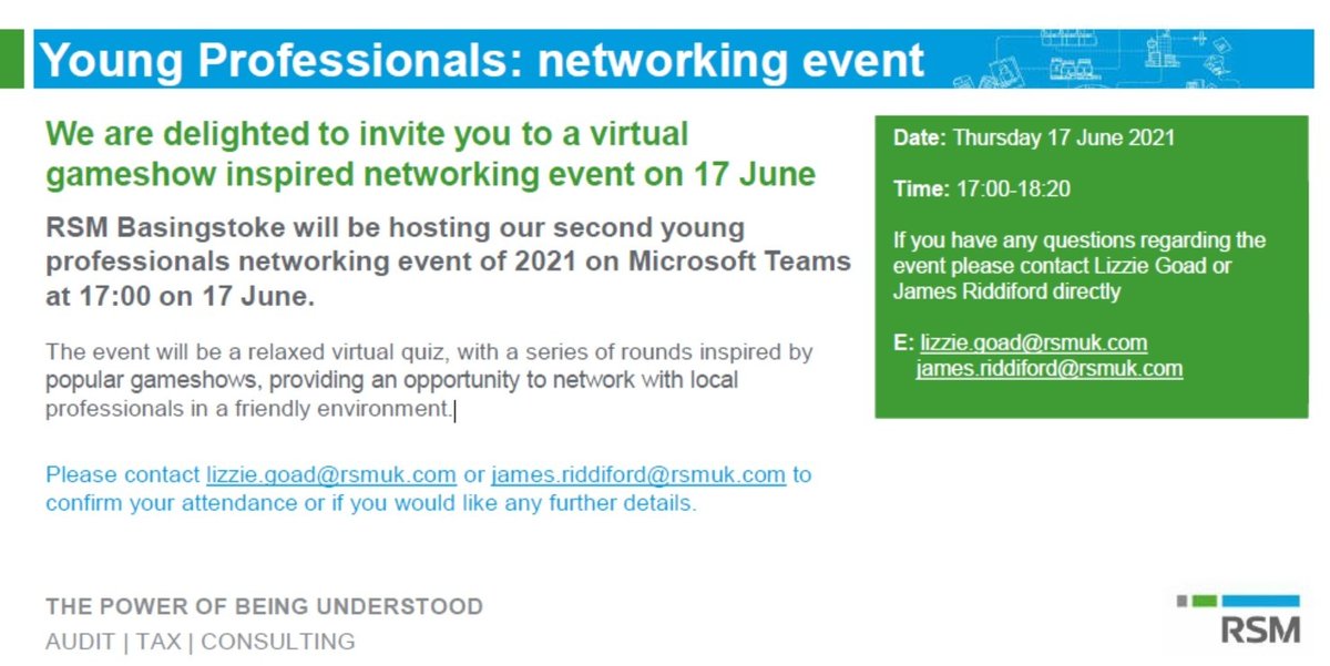 BasingstokeBiz's tweet image. RSM Basingstoke is hosting a virtual gameshow inspired networking event for young professionals on 17 June. The virtual quiz includes a series of rounds inspired by popular gameshows, providing an opportunity to network with local professionals in a friendly environment.
@RSMUK