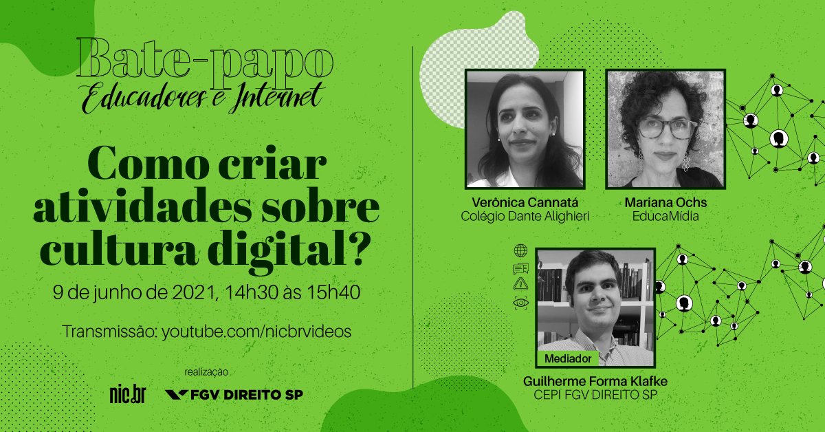 Hoje, às 14h30, Bate-papo sobre como criar atividades que envolvam tecnologia e #direitoshumanosdigitais, com Verônica Cannatá (Colégio Dante Alighieri) e <a href="/mariochs/">Mariana Ochs</a> (<a href="/educamidia/">EducaMídia</a>), mediado por <a href="/FormaKlafke/">Guilherme Forma Klafke</a> (#FGVCEPI): youtu.be/fecDcWpPMb8 

#NICbr #FGVDireitoSP