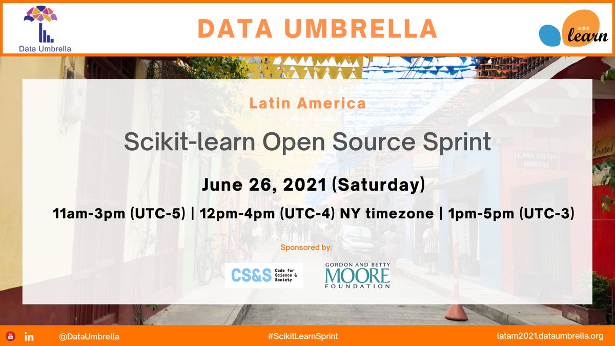 DataUmbrella's tweet image. 📣 Join us for our #ScikitLearnSprint
👉 with a focus on Latin America (LATAM)
📅 26-Jun-2021
⏰ 11am-3pm UTC-5 (CDMX)
12-4pm EDT (NYC)
1-5pm UTC-3 (Sao Paolo)
🏢 Online
Thank you to our sponsors: @codeforsociety& @MooreFound
Details on application: bit.ly/3g7WbpC