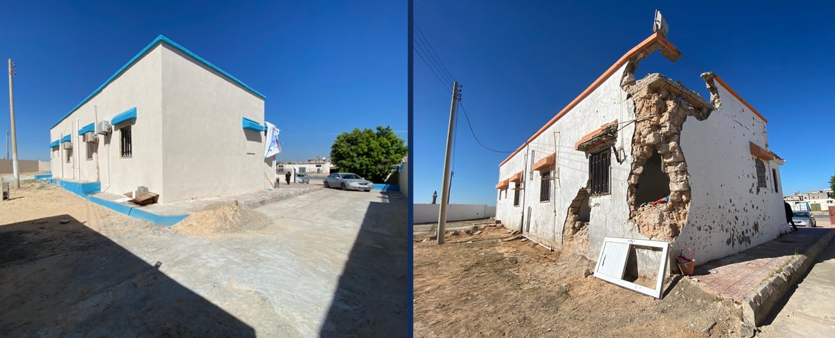 IOM_Libya's tweet photo. This week, the badly damaged Khalat Al Ferjan health clinic was reopened after a full rehabilitation by IOM. 
Supporting residents and more than 20,000 migrants in the Ain Zara area, south of Tripoli, the bombed-out health facility was repaired and a vaccination unit installed. https://t.co/UD7U8v6Lqm