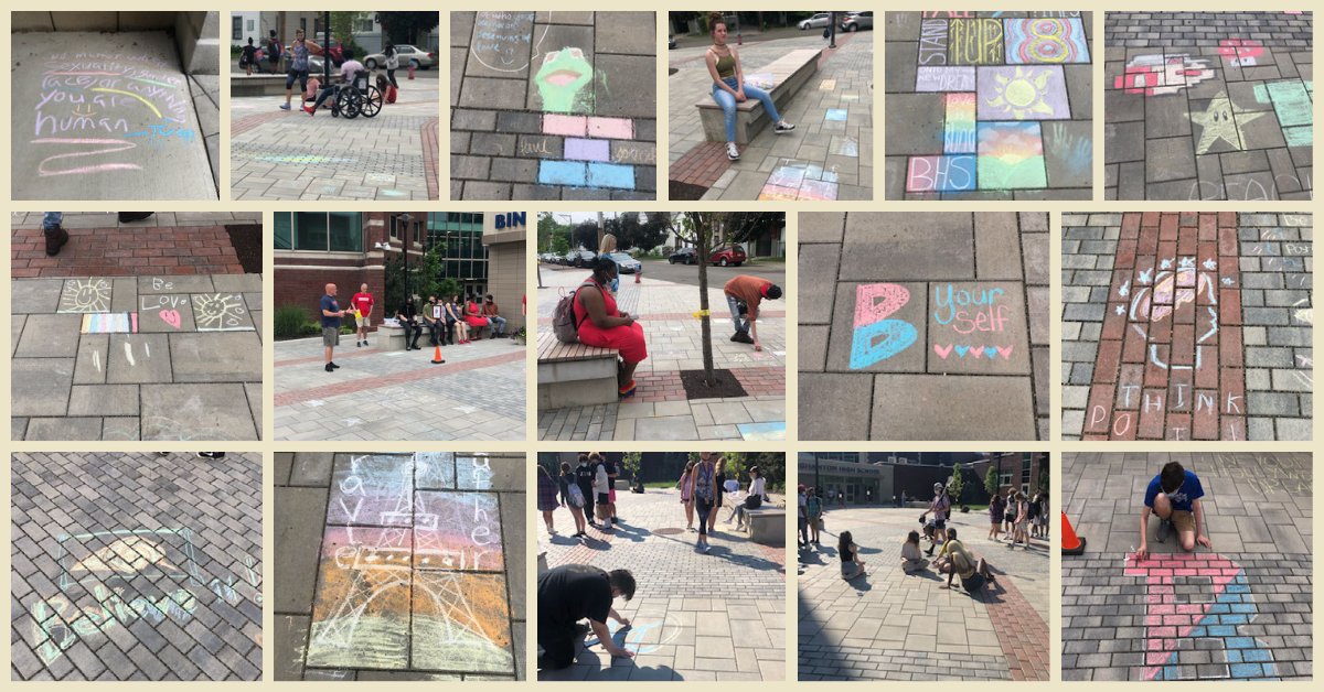 Students from Binghamton High School participated in the "No Place for Hate" Chalk the Walk. The goal of Chalk the Walk is to have students write or draw uplifting messages around the school aimed at inclusivity and respect. Way to go Patriots! #BPatriotProud