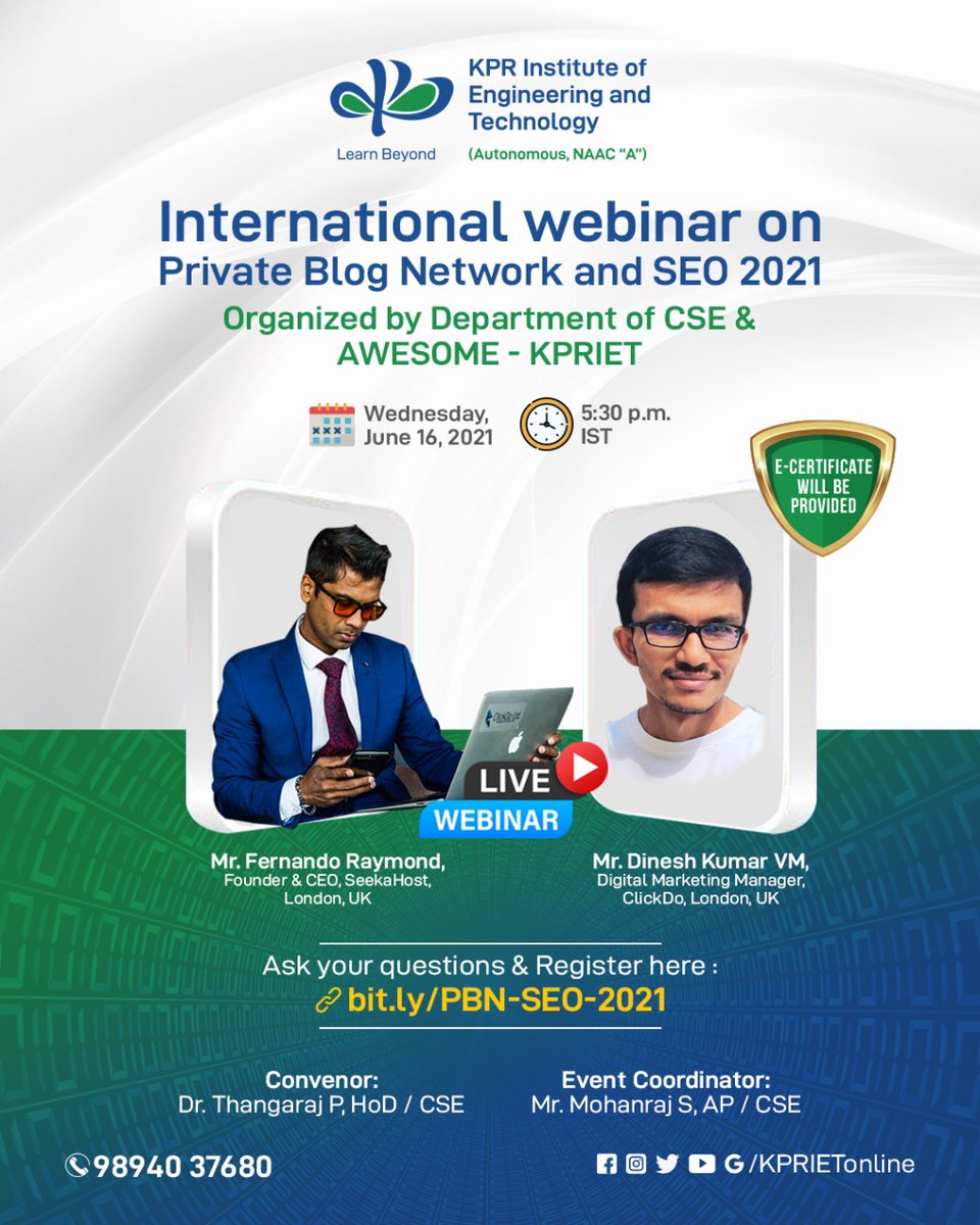 KPRIETonline's tweet image. An opportunity to make the most during lockdown. Department of CSE, KPRIET is hosting an &apos;International webinar on Private Blog Network and #SEO 2021&apos;.

Register now: bit.ly/PBN-SEO-2021
.
.
@FernandoMedia @ClickDoMedia @SeekahostU
#seowebinar #privateblog #clickdo #kpriet