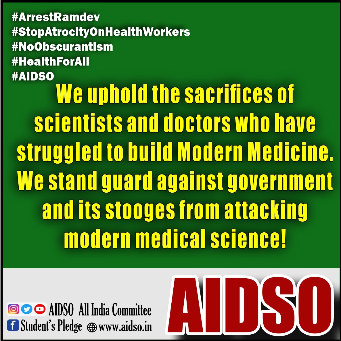 #ArrestRamdev
#StopAtrocityOnHealthWorkers
#NoObscurantism
#HealthForAll
 #AIDSO

We want exemplary punishment of assaulter! 

<a href="/PMOIndia/">PMO India</a> <a href="/MoHFW_INDIA/">Ministry of Health</a> <a href="/HMOIndia/">गृहमंत्री कार्यालय, HMO India</a> <a href="/narendramodi/">Narendra Modi</a> <a href="/PTI_News/">Press Trust of India</a> <a href="/ANI/">ANI</a> <a href="/ndtvindia/">NDTV India</a> <a href="/ABPNews/">ABP News</a> <a href="/TOIIndiaNews/">TOI India</a> <a href="/AIDSO_AIC/">AIDSO All India Committee</a>